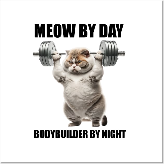 Cat Fitness Lovers Gift Meow By Day Bodybuilder By Night Workout Wall Art by Merchweaver